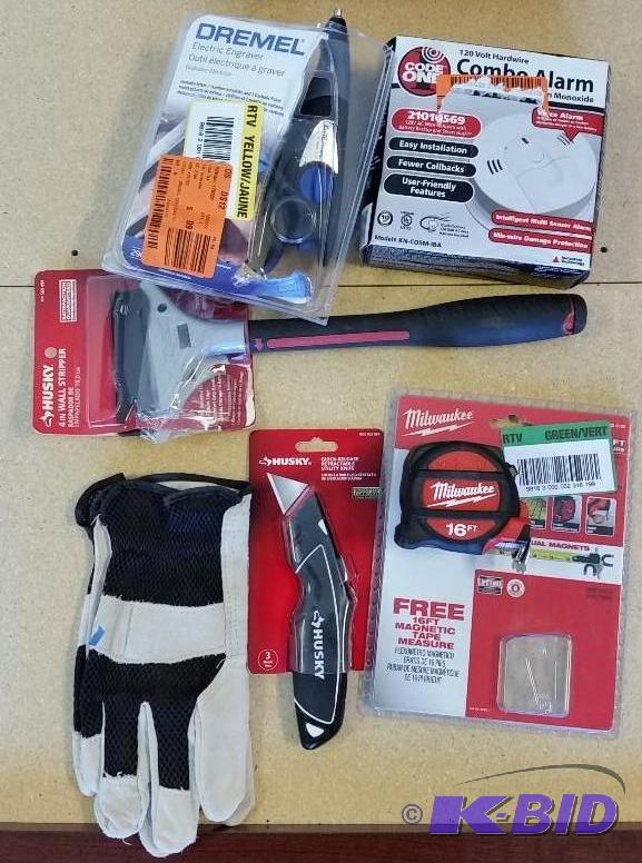 lot 3 image: Dremel Tool  Wall Paper stripper  CodeOne Combo smoke alarm  Tape Measure  Utility Knife Gloves