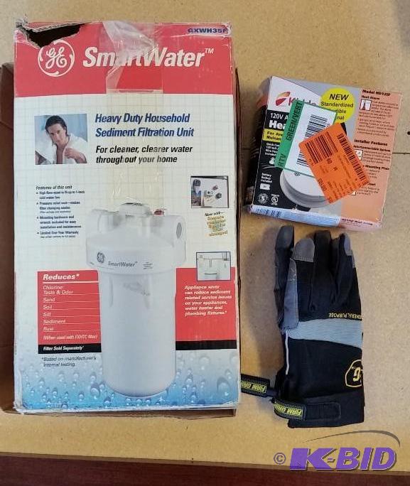 lot 5 image: GE Water Filtration system  Gloves  Kiddie Smoke detector.