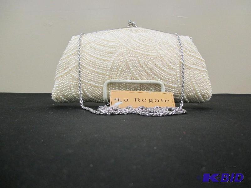 New La Regale Beaded evening bag cream color with long chain strap