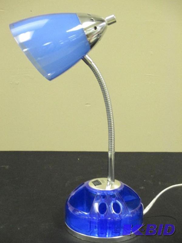 Blue gooseneck Desk lamp with storage and extra plug in for electronics