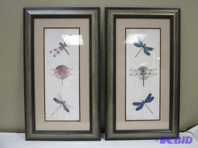 Lot of two dragonfly pictures with wood frames wlight gold sheen