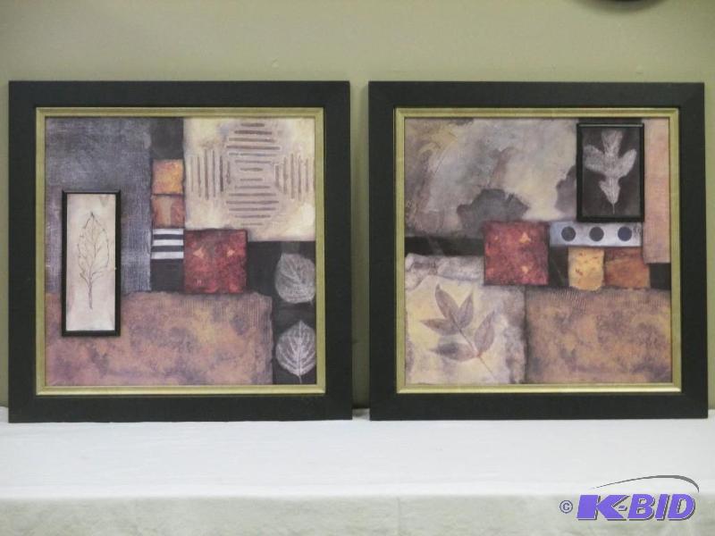 Lot of two leaf pictures in earth tone and wood frames
