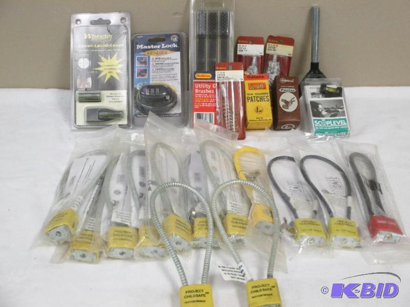 lot of firearm locks and gun care items