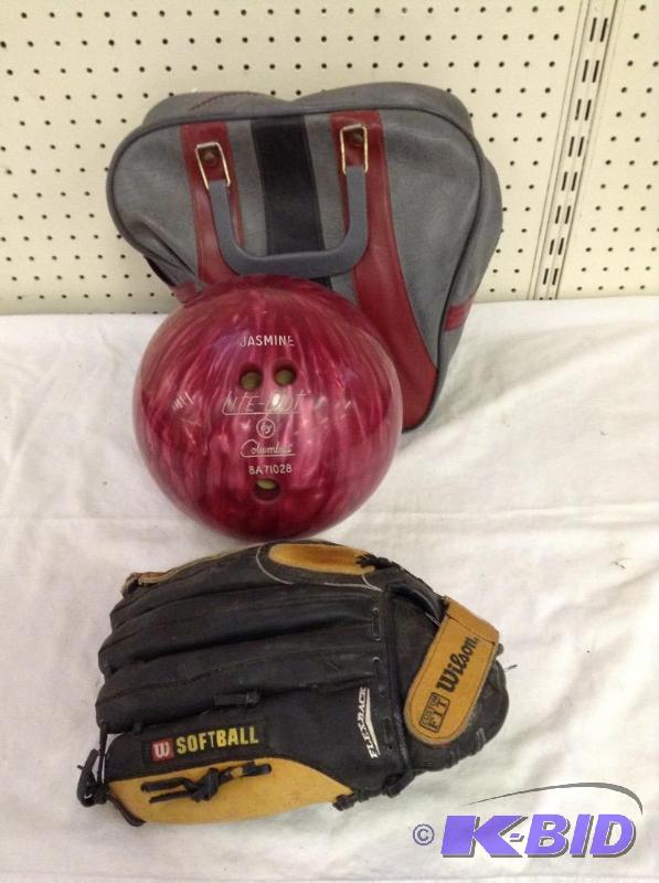 Bowling Ball with Bag & Wilson Softball Glove
