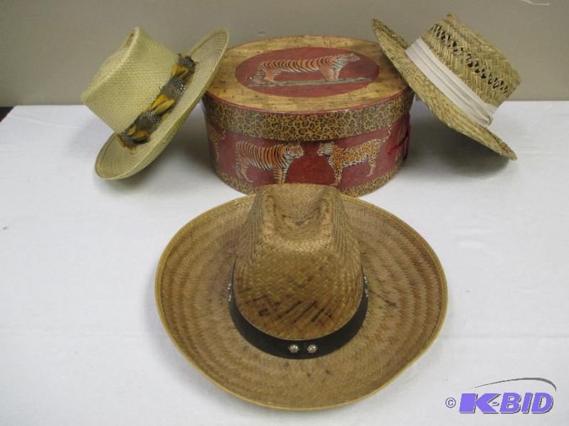 3 Womens Straw Hats with Tiger Hat Box