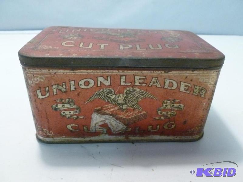 lot 110 image: Vintage Union Leader Metal Cut Plug Tobacco C...