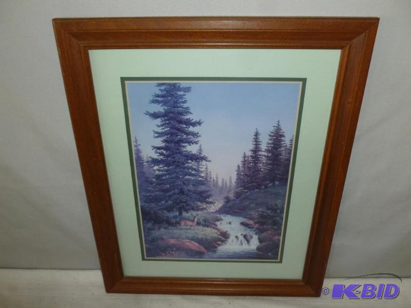 lot 13 image: W. Dark - Deer Themed wood framed and matted ...