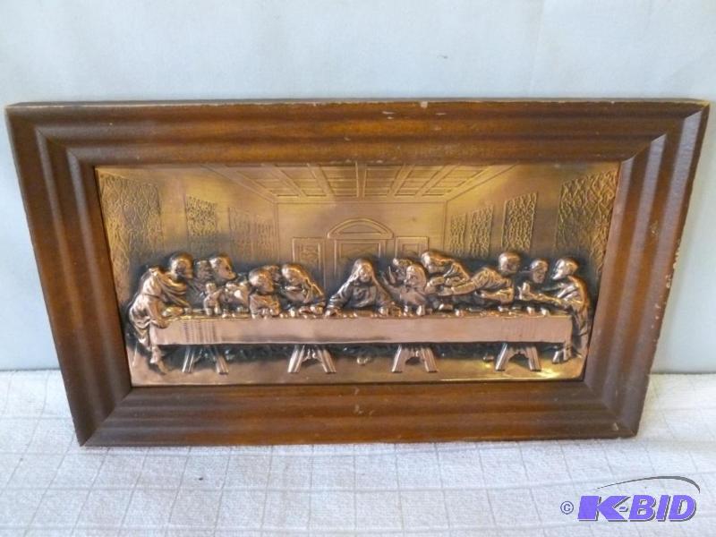 lot 32 image: Embossed copper wood framed Last Supper pictu...