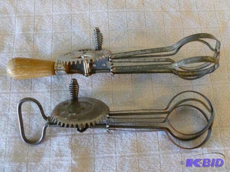 lot 49 image: Lot of two antique A&ampJ hand egg beaters, ...
