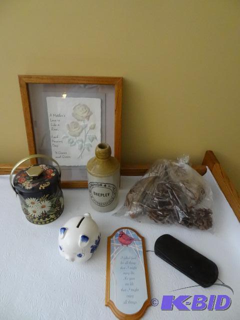 Shadow Box. Piggy Bank, Antique Reading Glass...