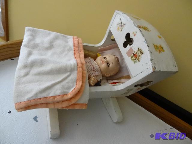 Vintage Wood Doll Cradle with Doll...