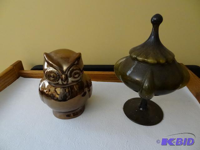 Owl Bank, Colored Glass Dish with Lid...