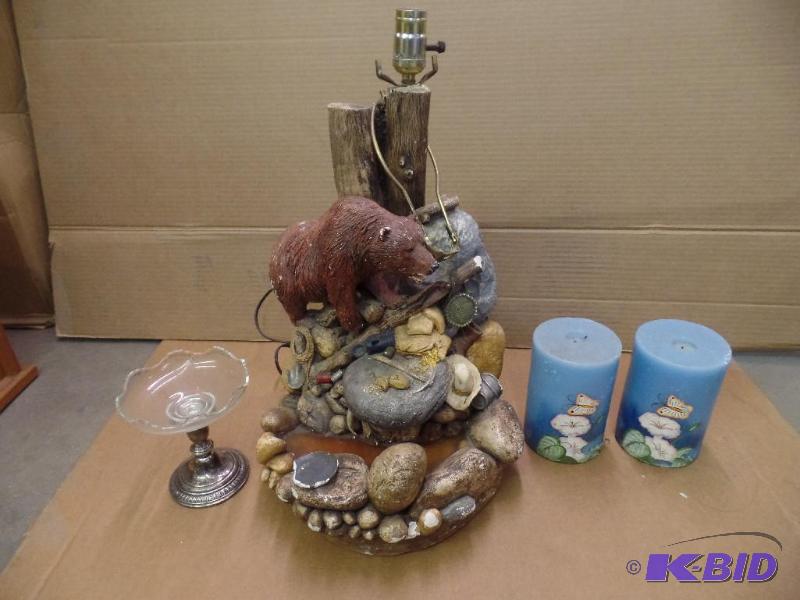 Decorative Lamp, Candles, and Bowl