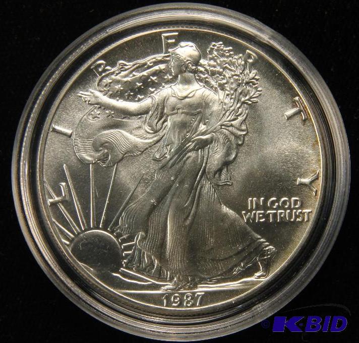 1987 AMERICAN SILVER EAGLE 1 TROY Oz. .999 FINE US DOLLAR COIN IN AIRTIGHT HOLDER GEM BU