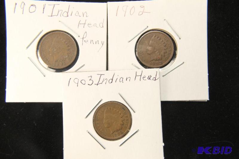 LOT OF 3 INDIAN HEAD CENT COINS 1901, 1902, 1903