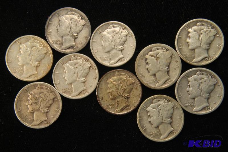 LOT OF 10 90% SILVER MERCURY DIMES VARIOUS DATES AND MINT MARKS 1.00 FACE