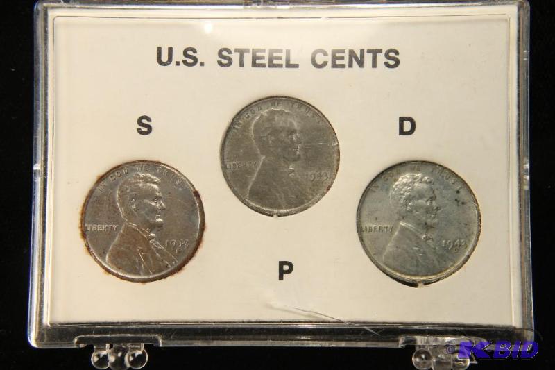 1943 P, D, S STEEL CENTS 3 COINS TOTAL