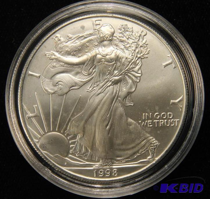 1998 AMERICAN SILVER EAGLE 1 TROY Oz. .999 FINE SILVER US DOLLAR COIN IN AIRTIGHT HOLDER GEM UNC