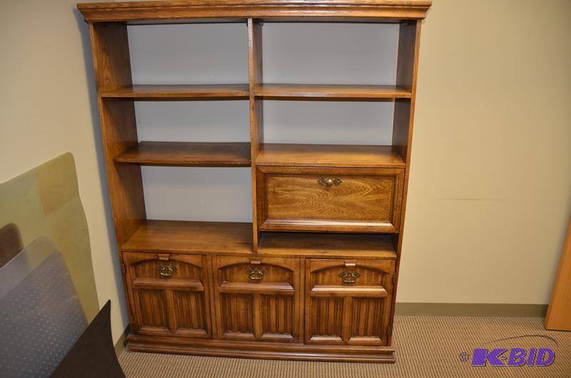 lot 19 image: Bookshelf with small drop leaf desk and lower...