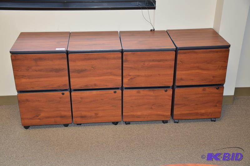 lot 6 image: Four 2 drawer wood file cabinets on wheels. 1...