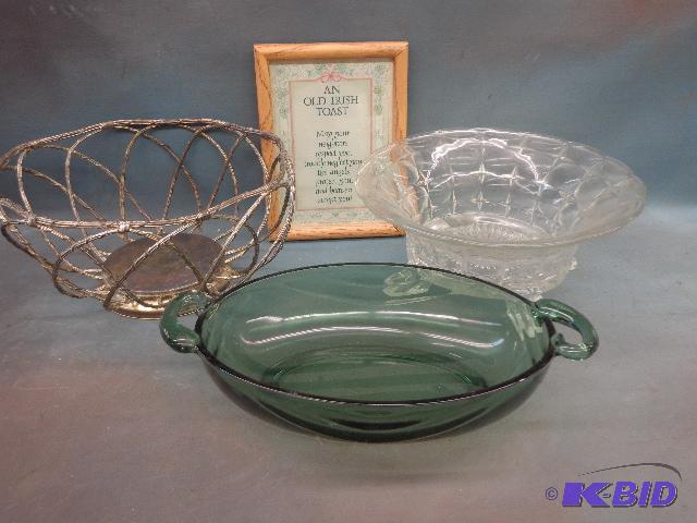 lot 110 image: Glass bowls, Wire Bowl and Picture   Metal bo...