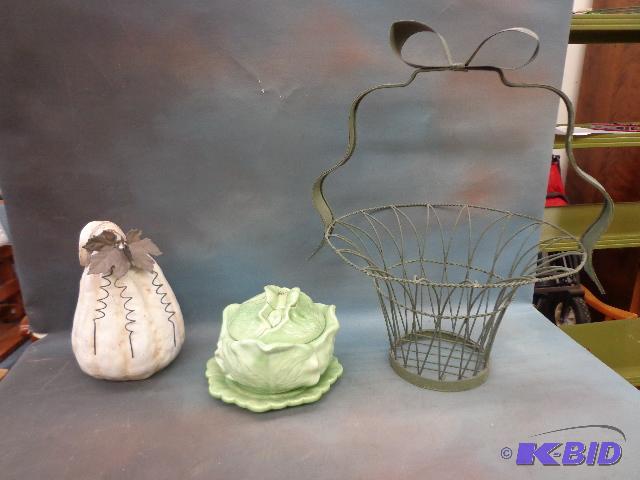 lot 82 image: Wire Basket, Lettuce Bowl and Ceramic Gourd  ...