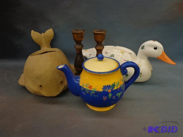 lot 89 image: Candle Holder, Teapot, Duck and Whale Planter...