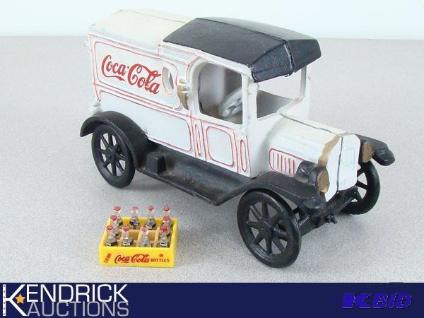 lot 19 image: Vintage Cast Iron Coca-Cola Delivery Truck with Miniature Coca-Cola Bottles in Crate