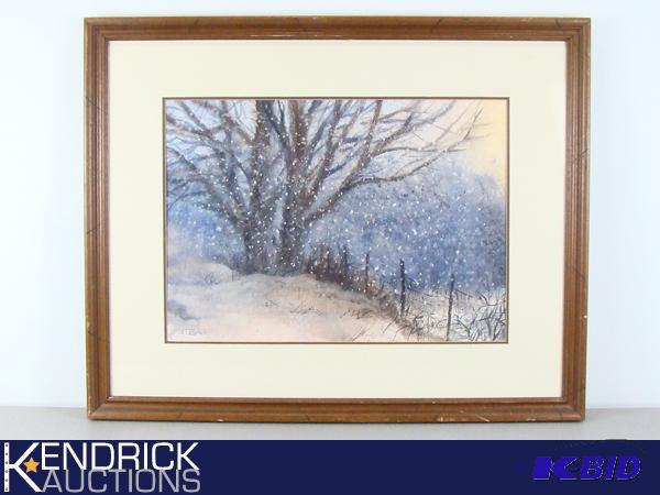 lot 25 image: Framed Water Color Painting of Snowy Landscape Signed Joan Tangren
