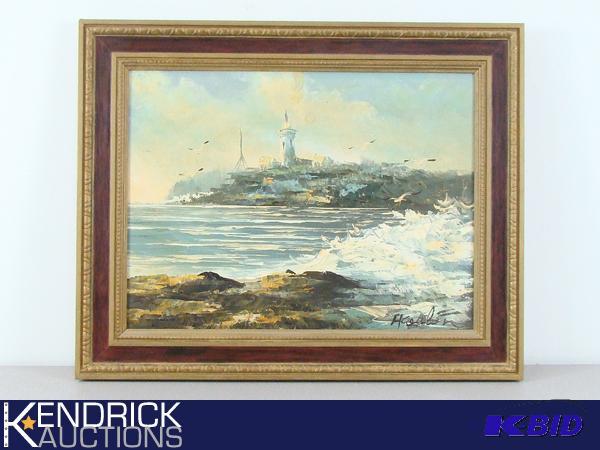 lot 43 image: Framed Oil Painting of Lighthouse Seascape Signed H Coulon
