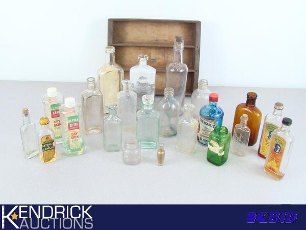 lot 45 image: Lot of AntiqueVintage Glass Bottles in Wood Crate