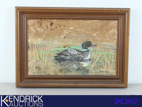 lot 98 image: Framed Acrylic Loon Painting on Recycled Paper Signed Sue Dahl