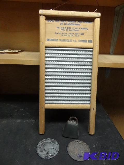 lot 109 image: Vintage Wash Board, Bell, Oversized Buffalo N...
