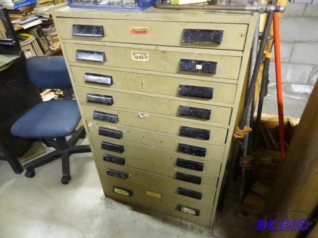 lot 168 image: Wood Cabinet with 10 Drawers, Filled with Mis...