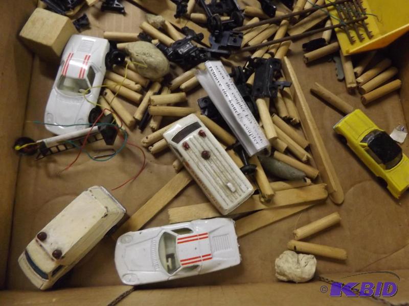 misc box of parts and pieces, cars and train ...