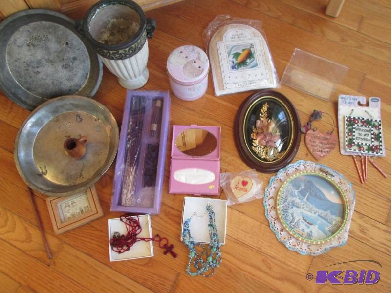 Lot of assorted bakeware, dcor jewelry, incen...