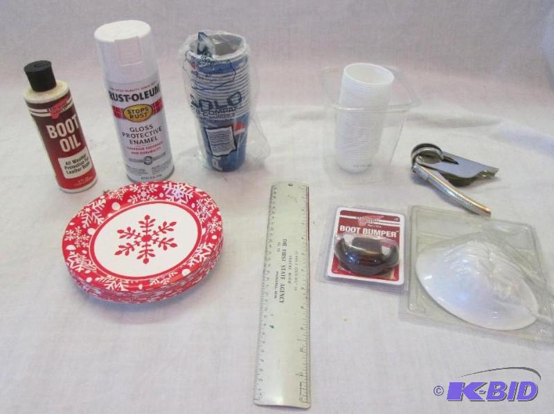 mixed lot of paper plates, paper cups, ruler,...