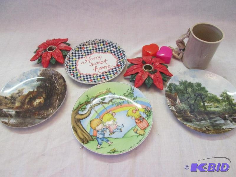 lot of collector plates, mug and candle holde...