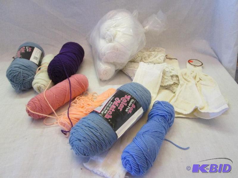 mixed lot of yarn, cross stich towels...