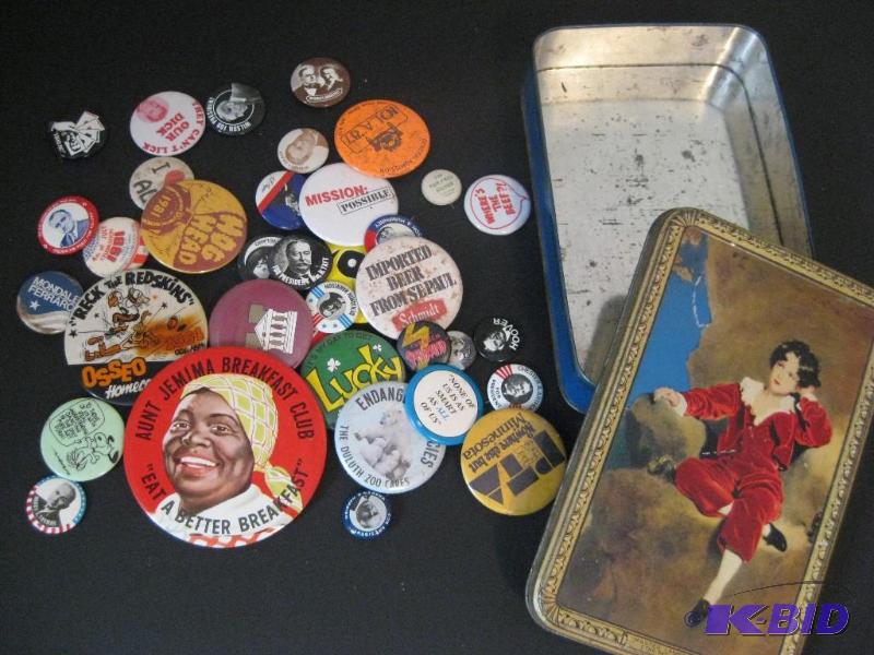 lot 5 image: Assorted Vintage Pins in Vintage Tin...