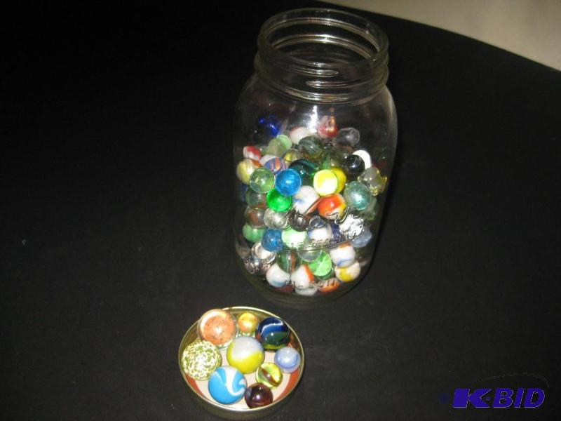 lot 6 image: Assorted Vintage Jar of Marbles with LG. Shoo...