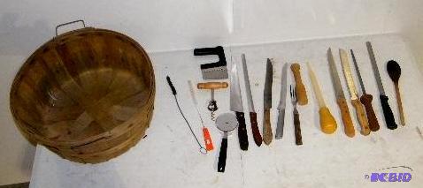 lot 198 image: Mixed Lot - Wooden apple basket - Cutlery, cl...