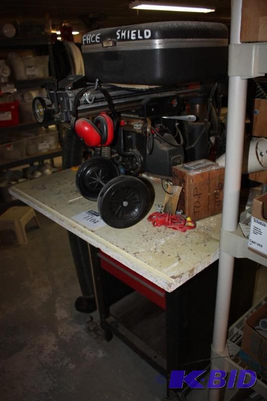 lot 1104 image: Sears Craftsman 10 Radial Arm Saw wVacuum Attachment & Face Shield Includes Miscellaneous Blades