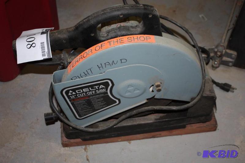 lot 1108 image: Delta 14 Cut-Off Saw Model No. 20-150 Volts 120 15Amps 60HZ Use Only 14 Diameter 1 ArborHole