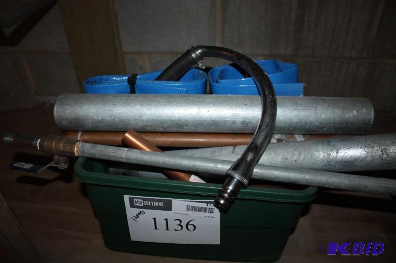 lot 1136 image: Container Lot Including Metal Close-Off Valve Metal Straight Pipes Fire Hose wAdapter