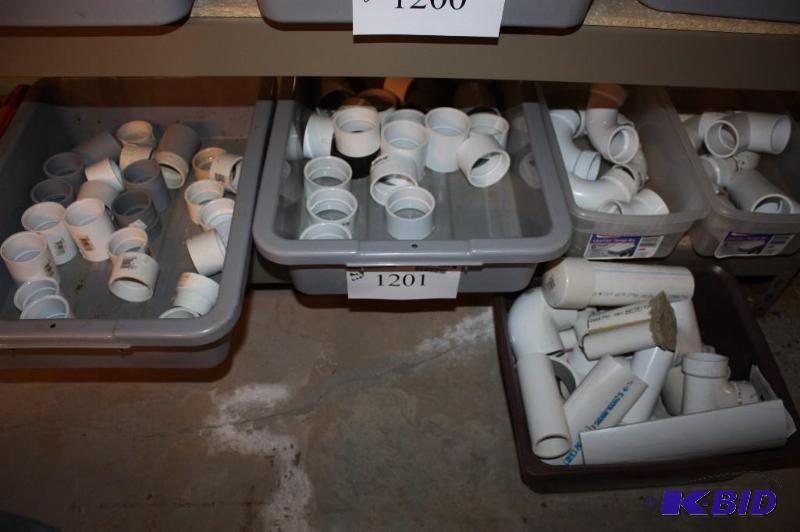 lot 1201 image: Shelf Lot Including PVC Pipe Adapters PVC Elbows & U Joints And More.