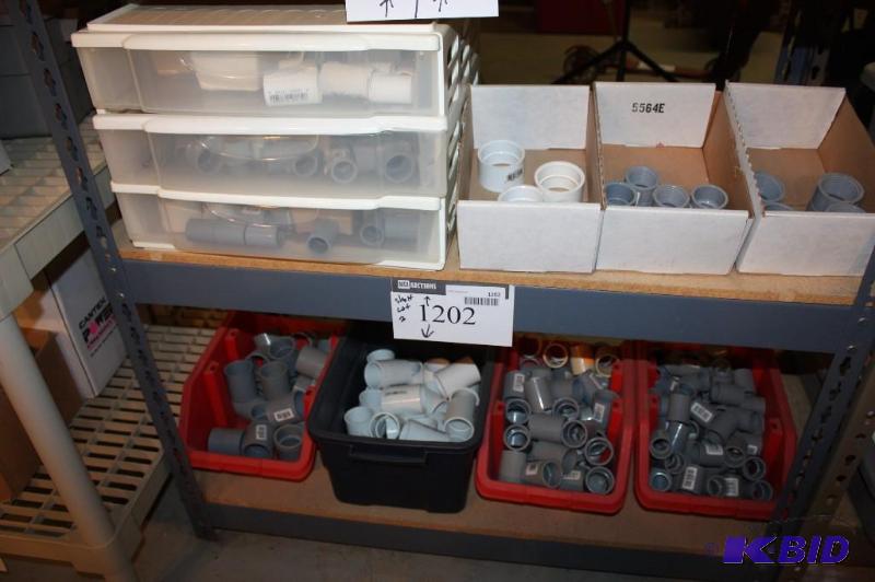 lot 1202 image: Shelf Lot Including PVC Pipe Adapters PVC Elbows & U Joints And More.