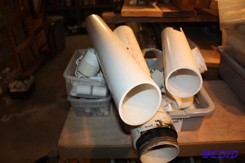 lot 1205 image: Shelf Lot Including PVC Pipe Adapters PVC Straight Pipes PVC Caps And More.