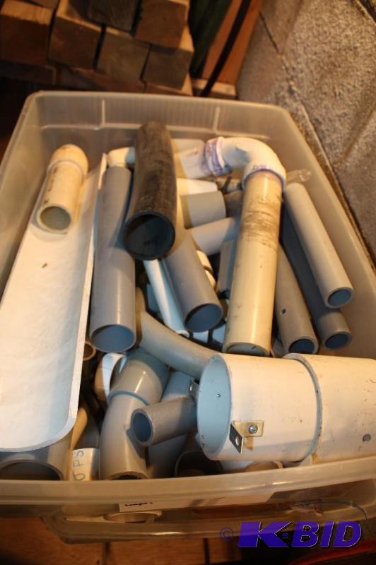 lot 1206 image: Shelf Lot Including PVC Pipe Adapters PVC Straight Pipes Rubber Hose wAdapters And More.