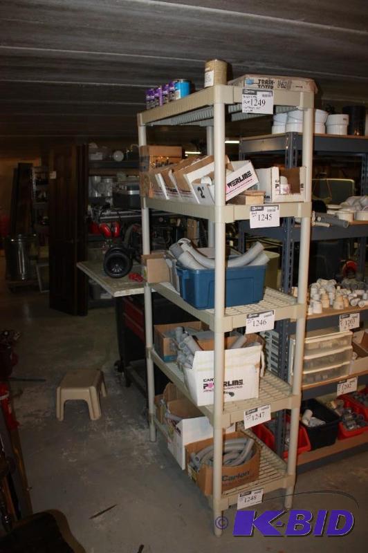 lot 1249 image: Open Plastic Shelf 18x36x77 12 Contents Not Included.